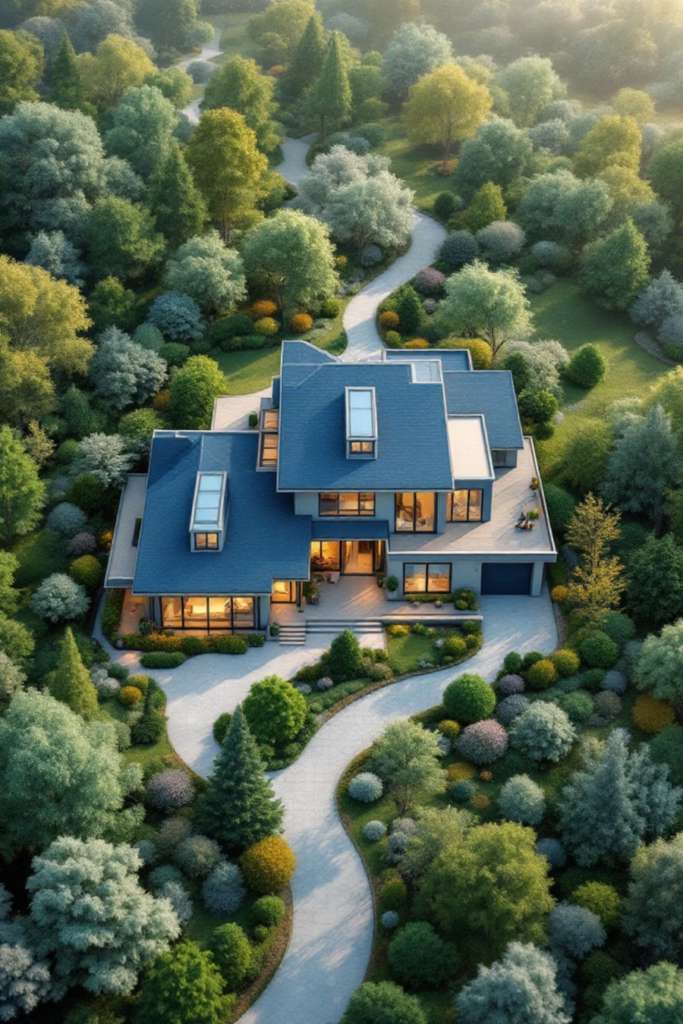 Vue aérienne d'une maison moderne intégrée au cœur de la nature, illustrant la géobiologie de l'habitat et l'aménagement Feng Shui