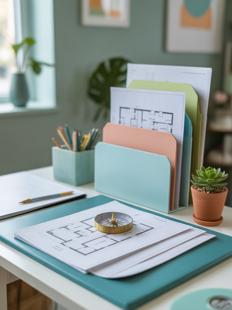 Bureau de travail d'expert en Feng Shui et géobiologie avec boussole d'orientation posée sur un plan d'architecte et dossiers organisés